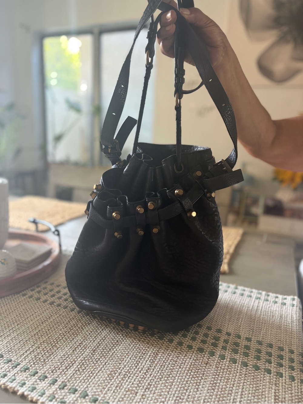 Alexander Wang Black Leather Drawstring Hobo with Gold-Tone Stud Accents